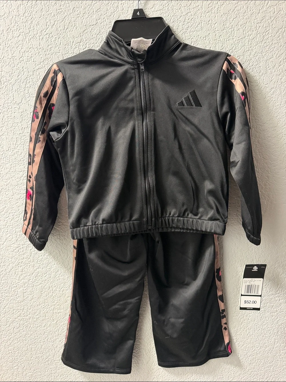 adidas Black Kids Two-Piece Track Set with Pink Leopard Accent